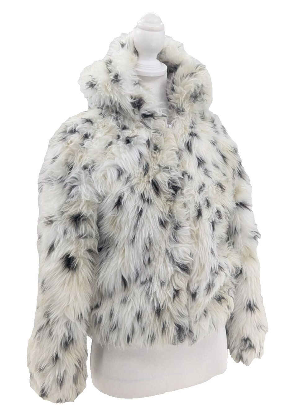 Donna Salyers Fabulous Furs White Faux Fur Leopard Hooded Full Zip Coat Size L